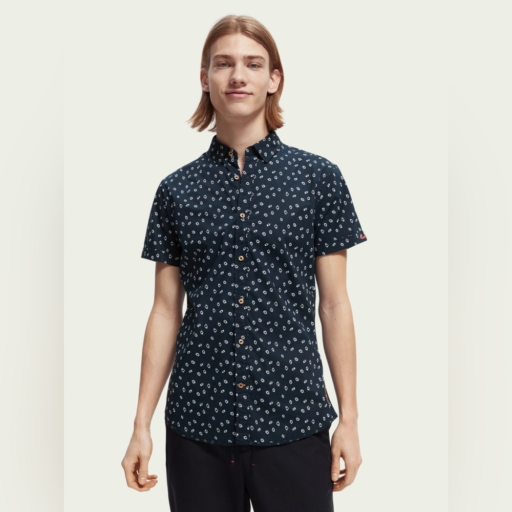 Scotch & Soda Navy Printed Poplin Short Sleeved Slim Shirt M
